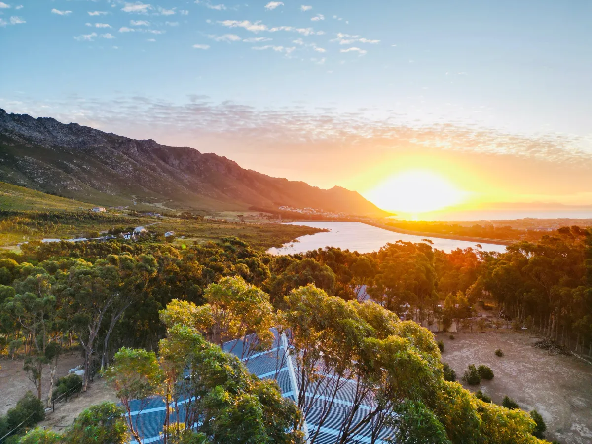 Aerial view of the Ibalansi farm at sunset, with mountains, paddocks and the arena